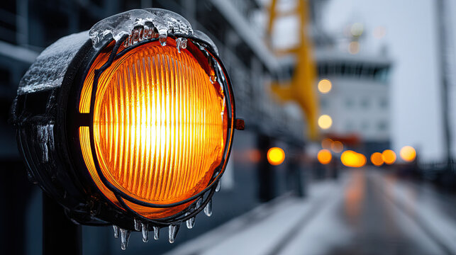 Icy orange beacon light on deck with melting icicles and blurred ship superstructure in cold industrial harbor - Powered by Adobe