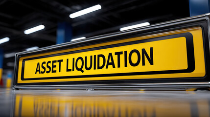 Asset liquidation signboard inside empty retail space reflecting on polished floor conveying industrial sale urgency and stark yellow contrast with black lettering