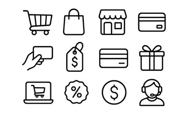E-commerce and online shopping symbols for payment, retail, discount, and customer support