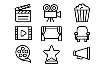 Outline icons set for cinema and film production featuring clapperboard camera popcorn and award trophy