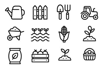 Essential collection of gardening and farming tools and agricultural produce