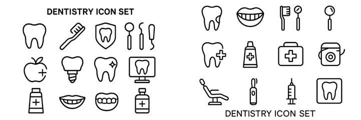 Minimalist black and white symbols for dental health and medical treatment