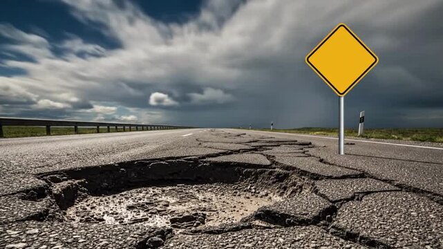 Dangerous road conditions ahead with cracked pavement and deep pothole, caution sign, symbolizing infrastructure failure and travel hazards