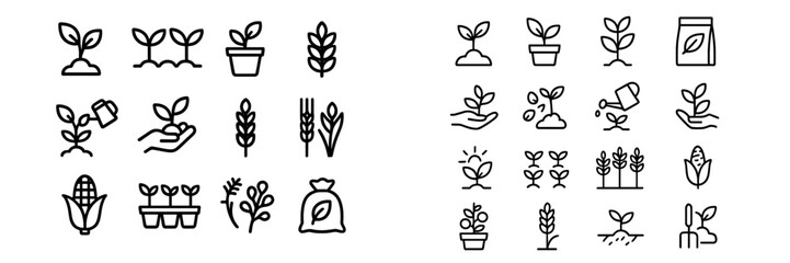 Linear icons of plant growth stages, farming, agriculture, and gardening concepts