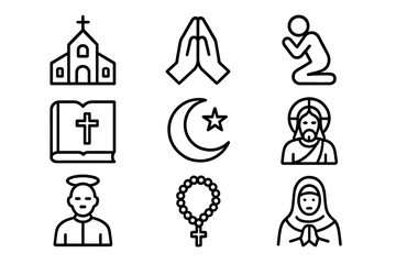 Essential set of religious symbols and spiritual icons including church, prayer, and holy figures