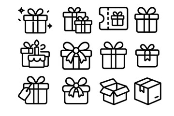Outline symbols of wrapped presents, birthday cake, discount coupons, and delivery packages