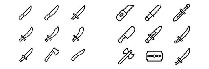 Sharp objects and bladed weapons collection including knives, swords, and axes