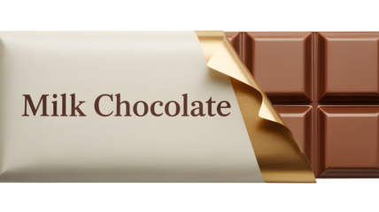 Milk chocolate bar with partially opened wrapper isolated on transparent background