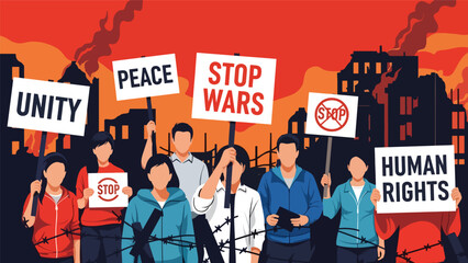Flat vector illustration of diverse people holding peace and unity signs during a calm demonstration, ideal for activism, rights, and social change themes