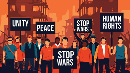 Flat vector illustration of diverse people holding peace and unity signs during a calm demonstration, ideal for activism, rights, and social change themes