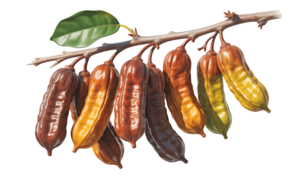 Honey locust seed pods hanging from a branch isolated on transparent background