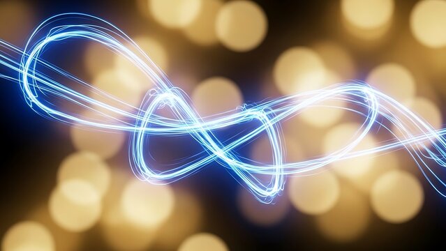Abstract blue light trails swirling with golden bokeh background