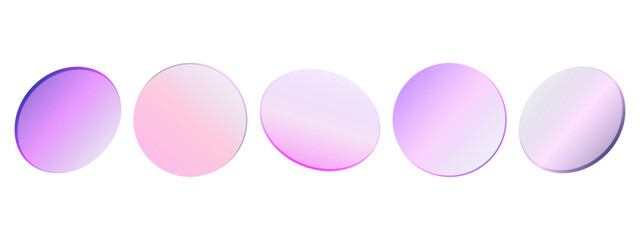 Set of holographic gradient transparent spheres in geometric radial shaped style. Trendy decoration vector art for modern graphic designs.