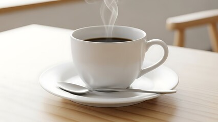 Obraz premium Steaming Coffee Cup on Saucer with Spoons on Wooden Table.