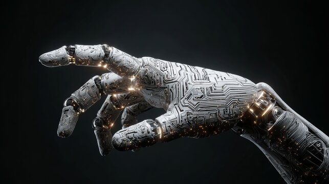 Futuristic robotic hand reaching out, a stunning concept for innovation, technology, and artificial intelligence promotion, with glowing circuits - Powered by Adobe
