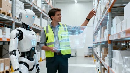 A warehouse robot and worker review a holographic map as box locations update in real time, showing automated logistics, smart routing, inventory control and efficient AI powered warehouse operations - Powered by Adobe