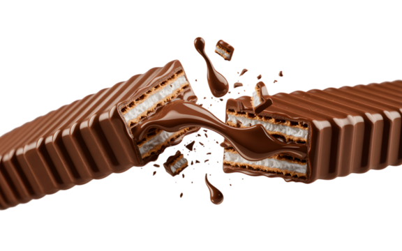 Chocolate bar broken open with a person inside isolated on transparent background