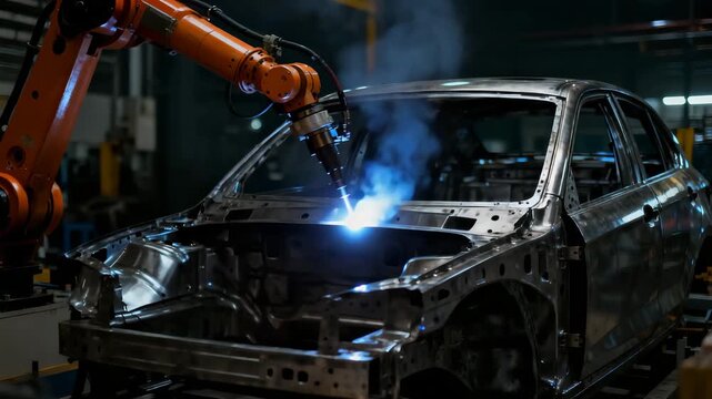 A robotic welding arm sparks against the metal car frame as bright flashes illuminate the assembly line, molten sparks scatter across the surface and the machine quickly shifts to the next weld point
