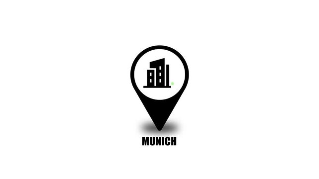 Location of the city of Munich, the name of the place with the location has been displayed, sign animated with alpha channel 4K. GPS map navigator system animation. route destination city streets.