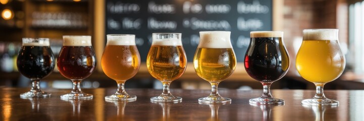 There is a row of beer glasses filled with various craft beers on the wooden bar counter. A banner with space for the text.