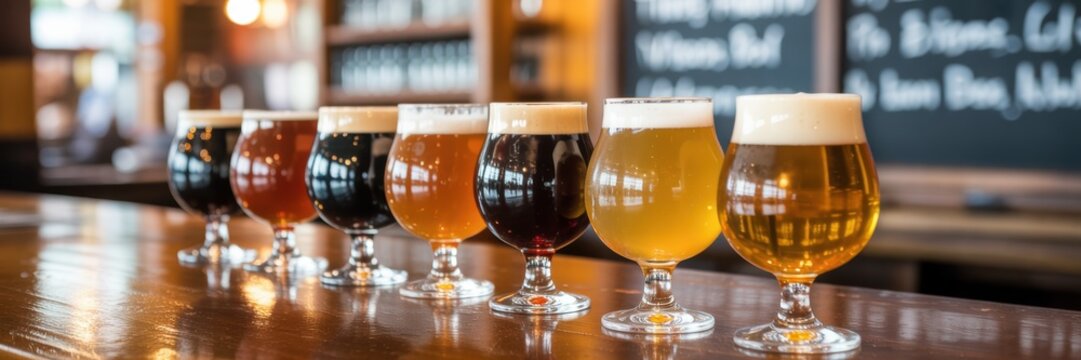 There is a row of beer glasses filled with various craft beers on the wooden bar counter. A banner with space for the text.