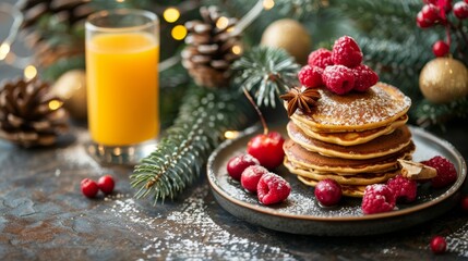 Festive christmas breakfast table displaying pancakes, coffee, orange juice, and cheerful decor