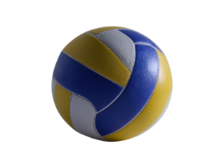 A colorful volleyball with blue, yellow, and white panels.