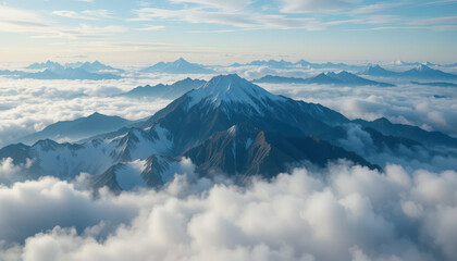 Aerial view of snow capped mountain range above the clouds