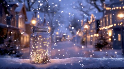 Magical winter village scene with twinkling snow falling and a jar of wishes creating a cozy holiday mood for Christmas decorations