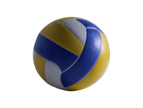 A colorful volleyball with blue, yellow, and white panels.