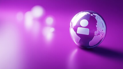 A translucent globe featuring silhouettes of a man and a woman symbolizes global connectivity against a purple background. The globe emphasizes the importance of global connections