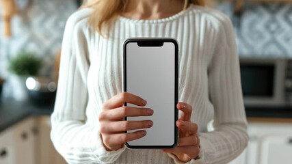 Woman holding a smartphone in her hands, showing the screen