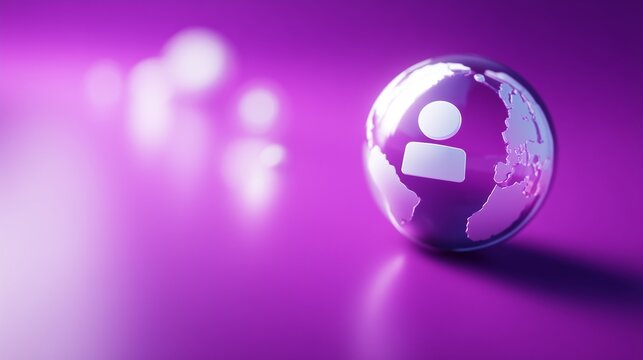 A translucent globe featuring silhouettes of a man and a woman symbolizes global connectivity against a purple background. The globe emphasizes the importance of global connections