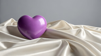  purple heart. Valentine's day, 14 February theme banner. Love and romance background. Ivory satin silk texture wave background with red heart shape.  