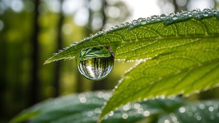 Water droplet clinging to a vibrant green leaf in nature.