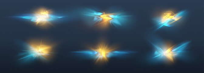 Gold and blue energy light streaks set on dark background, magic glow flares overlay