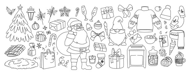 Christmas doodle line art set