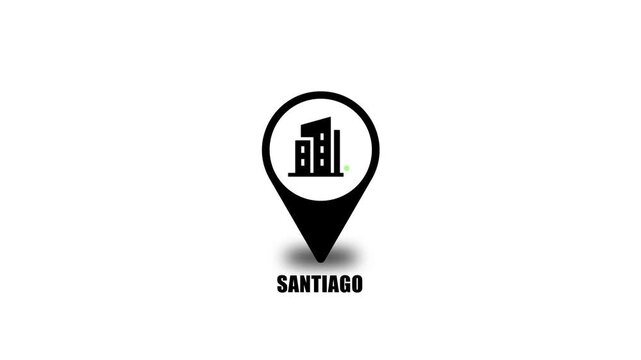 Location of the city of Santiago, the name of the place with the location has been displayed, sign animated with alpha channel 4K. GPS map navigator system animation. route destination city streets.