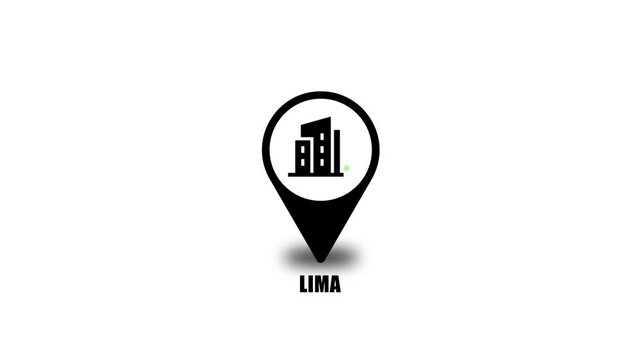 Location of the city of Lima, the name of the place with the location has been displayed, sign animated with alpha channel 4K. GPS map navigator system animation. route destination city streets.