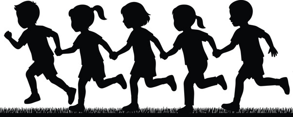 Five diverse children silhouettes holding hands and running together in a line, symbolizing friendship, teamwork, and childhood fun.