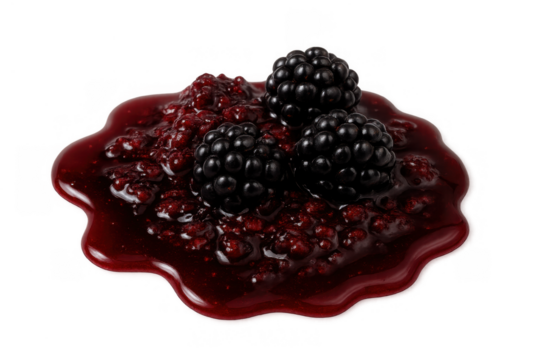 Blackberry fruit jam or preserve spread with fresh berries on transparent background, perfect for sweet dessert toppings