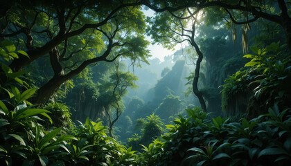 Lush green forest with sunlight filtering through the canopy