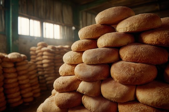 Close-up baskets stacked with fresh bolillos in Mexican panader&iacute;a.