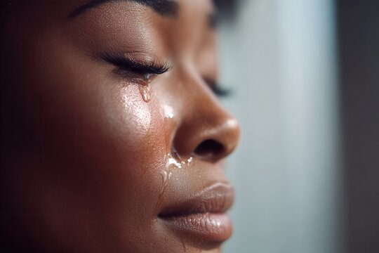 Close-up young Black woman crying with visible tear trails.