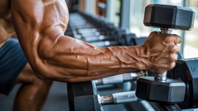 Close-up of a muscular tanned man's arm with visible veins clutching a black dumbbell in the gym. In the background, there is a row of identical dumbbells neatly placed on a rack.
