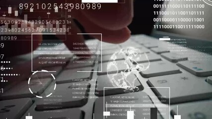 Time lapse of man working on laptop computer keyboard with graphic user interface GUI hologram showing big data science technology, digital network connection and computer programming algorithm. Glean - Powered by Adobe