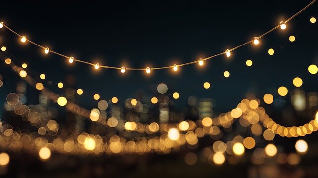 Enchanting string lights illuminate a festive outdoor event with a cityscape backdrop creating a warm and inviting ambiance after dark