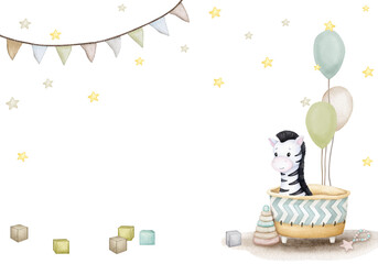 Cute toys in a basket. Watercolor frame, banner, backdrop for birthday, gender party, baby shower, children's party. Vertical card, poster, invitation, greeting card. Scandinavian style, boho, retro.
