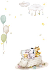 Cute toys in the chest. Watercolor frame, banner, backdrop for birthday, gender party, baby shower, children's party. Vertical card, poster, invitation, greeting card. Scandinavian style, boho, retro.