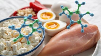 The concept of science and nutrition is a close–up of protein-rich foods (cottage cheese, eggs, or lean meat), with glowing molecular protein icons in the background.